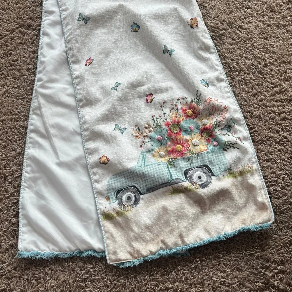 Vintage Style Floral Truck Table Runner Teal Gingham Butterfly Spring Decor 70